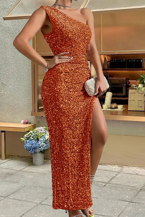 Nonnadress Sequin one-shoulder sleeveless slit solid color dress