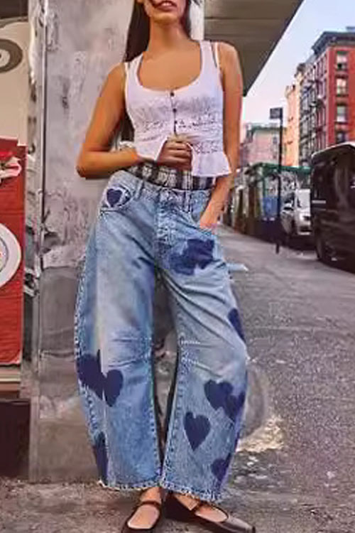 Nonnadress Heart-print Casual Loose Mid-rise Straight-leg Jeans