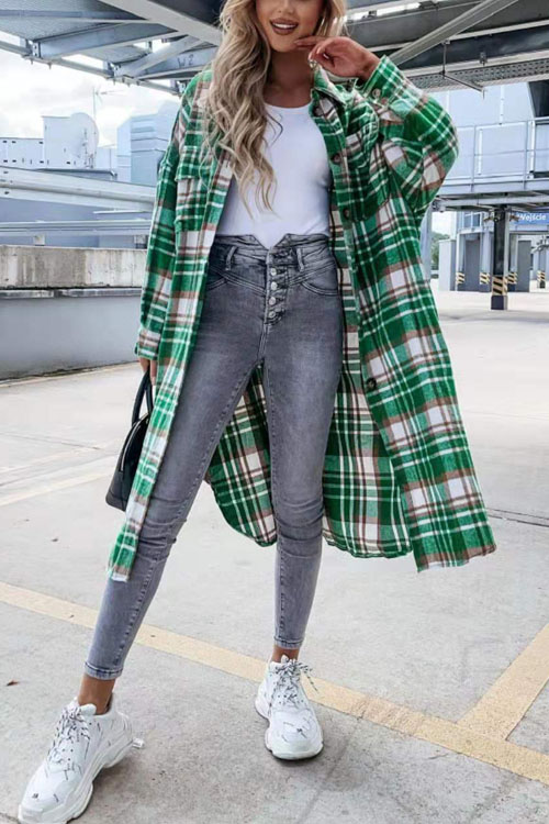 Nonnadress Fashionable Long Checkered Shirt Jacket