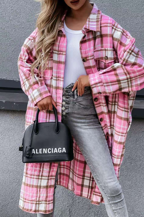 Nonnadress Fashionable Long Checkered Shirt Jacket