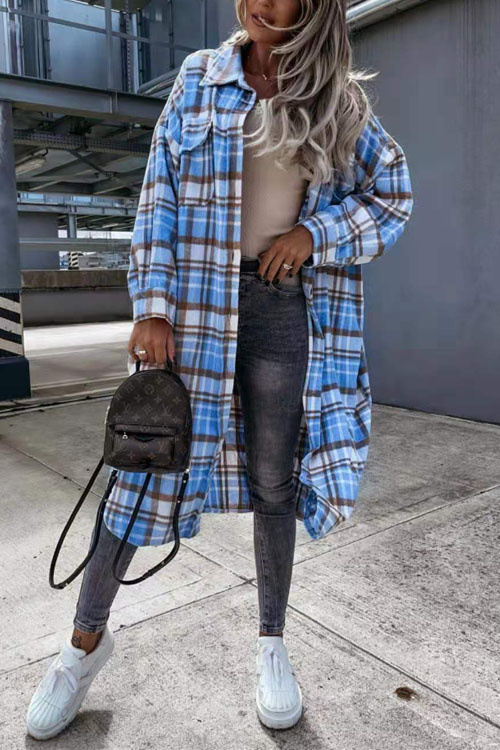 Nonnadress Fashionable Long Checkered Shirt Jacket