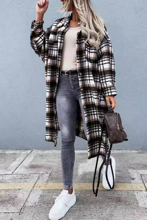 Nonnadress Fashionable Long Checkered Shirt Jacket