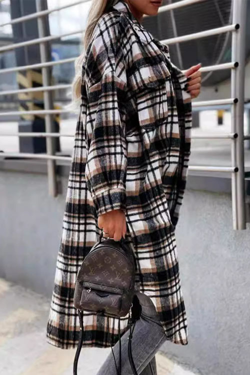 Nonnadress Fashionable Long Checkered Shirt Jacket