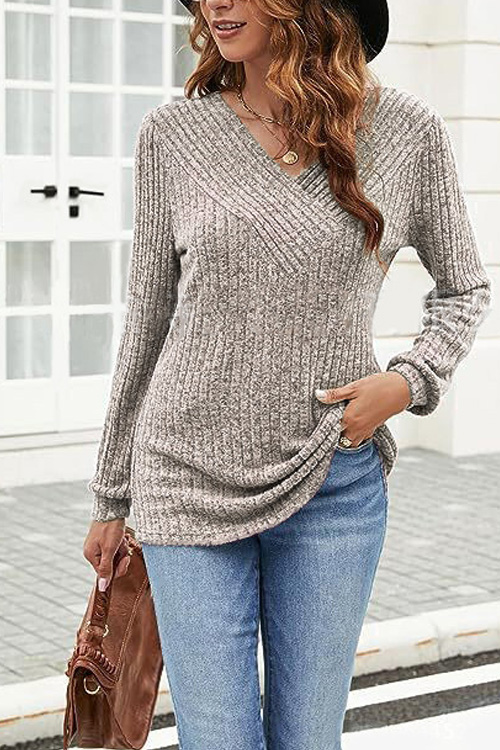 Nonnadress Long Sleeve V-Neck Casual Ribbed Top