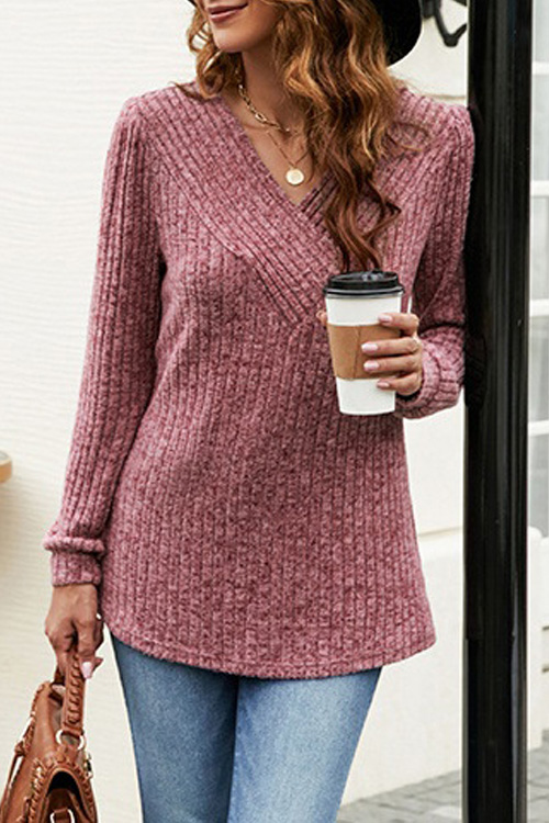 Nonnadress Long Sleeve V-Neck Casual Ribbed Top