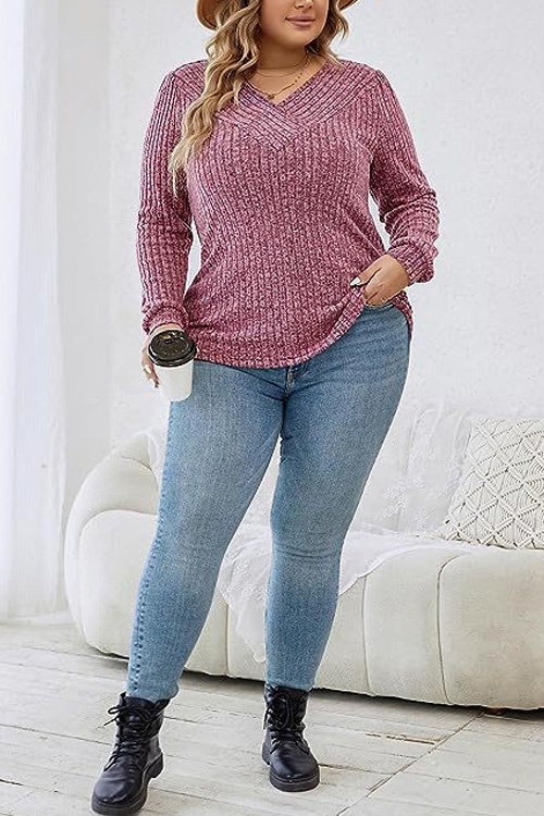 Nonnadress Long Sleeve V-Neck Casual Ribbed Top
