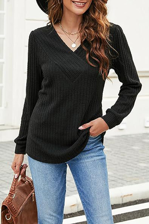 Nonnadress Long Sleeve V-Neck Casual Ribbed Top