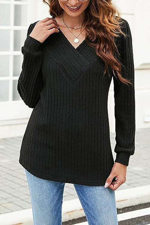 Nonnadress Long Sleeve V-Neck Casual Ribbed Top
