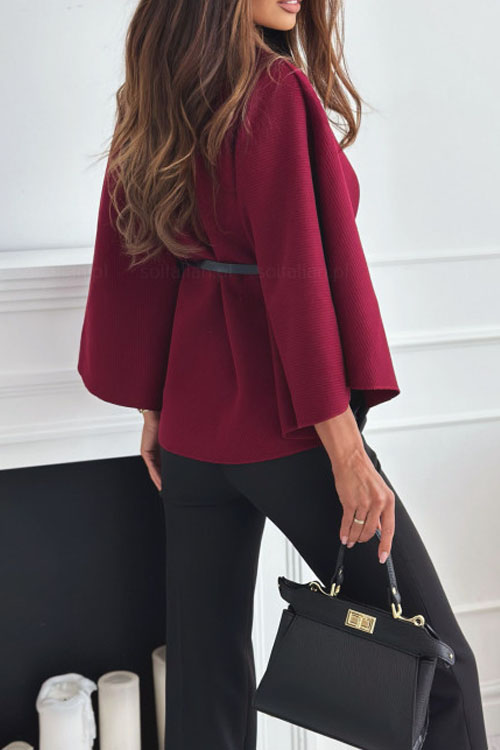 Nonnadress Solid Colour Waist Tie Tweed Poncho Jacket