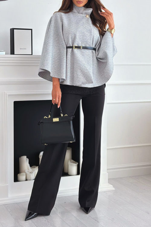 Nonnadress Solid Colour Waist Tie Tweed Poncho Jacket