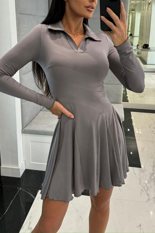 Nonnadress Solid Colour Waisted Long Sleeve Lapel Dress