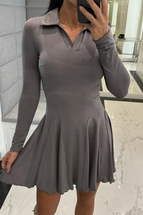 Nonnadress Solid Colour Waisted Long Sleeve Lapel Dress