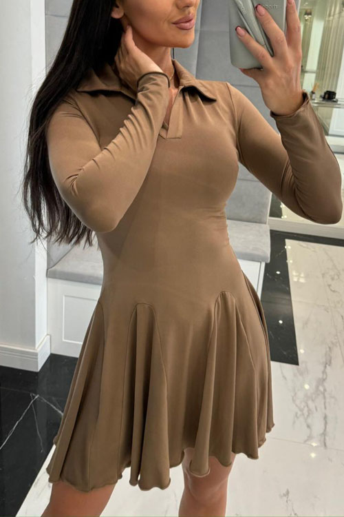 Nonnadress Solid Colour Waisted Long Sleeve Lapel Dress