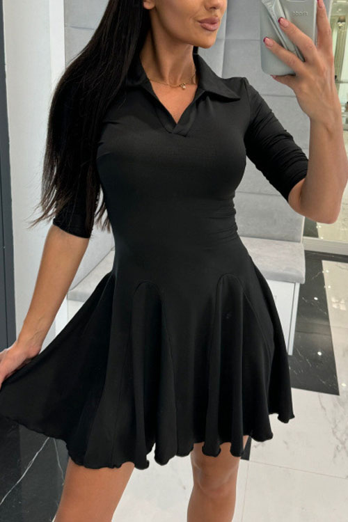 Nonnadress Solid Colour Waisted Long Sleeve Lapel Dress