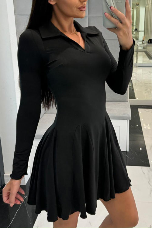 Nonnadress Solid Colour Waisted Long Sleeve Lapel Dress