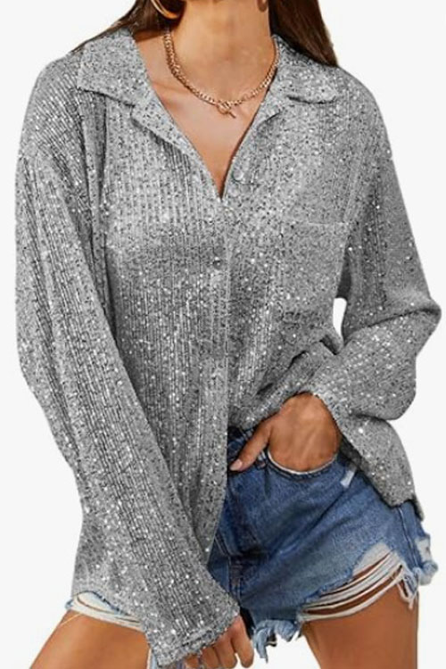 Nonnadress Sequined Long-Sleeve Lapel Chic Casual Shirt