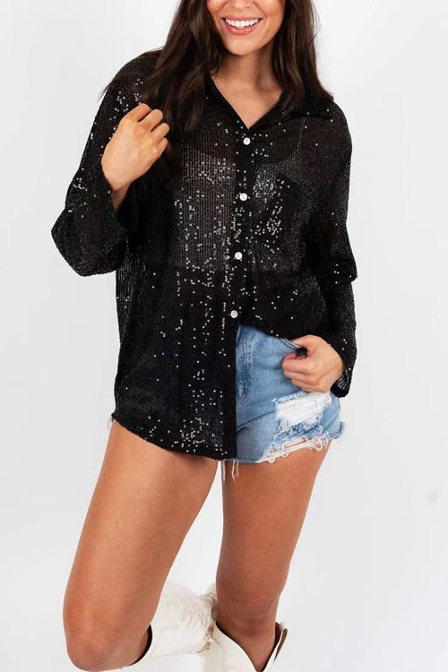 Nonnadress Sequined Long-Sleeve Lapel Chic Casual Shirt