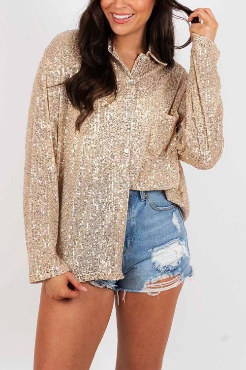 Nonnadress Sequined Long-Sleeve Lapel Chic Casual Shirt