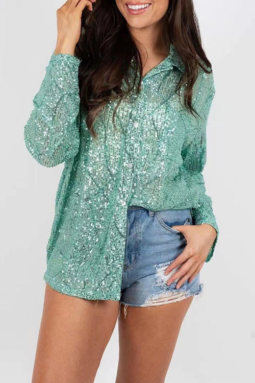 Nonnadress Sequined Long-Sleeve Lapel Chic Casual Shirt