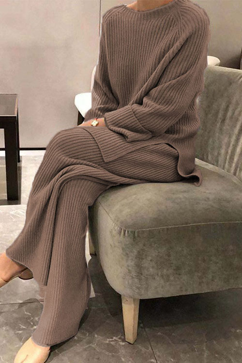 Kathiadress Long-sleeved solid color knitted casual sweater two-piece