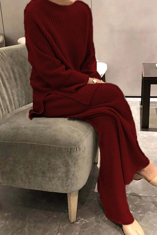 Kathiadress Long-sleeved solid color knitted casual sweater two-piece