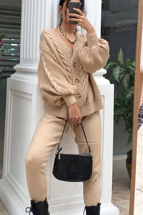 Kathiadress  Fashionable V-neck solid color sweater suit