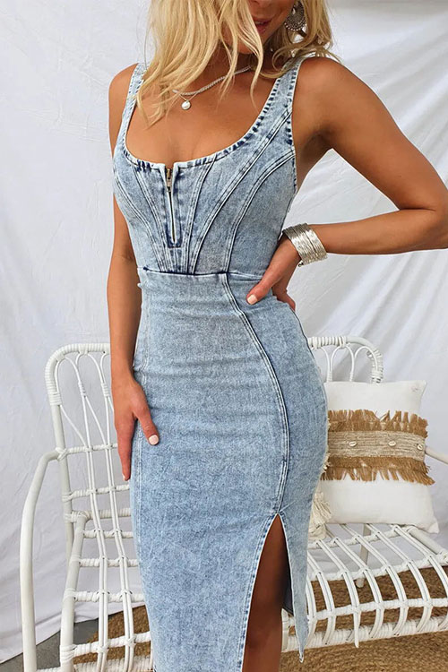 Kathiadress  U-neck suspender distressed casual style denim dress