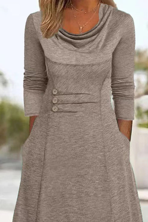 Kathiadress Round neck waist-cinching solid button pockets dress