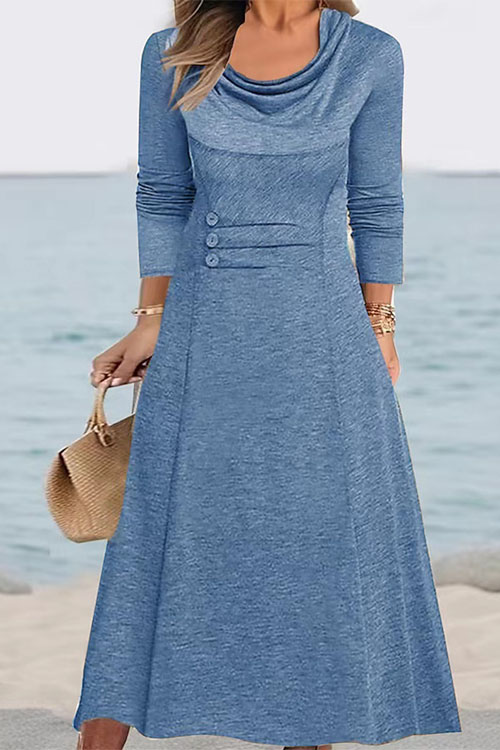 Kathiadress Round neck waist-cinching solid button pockets dress