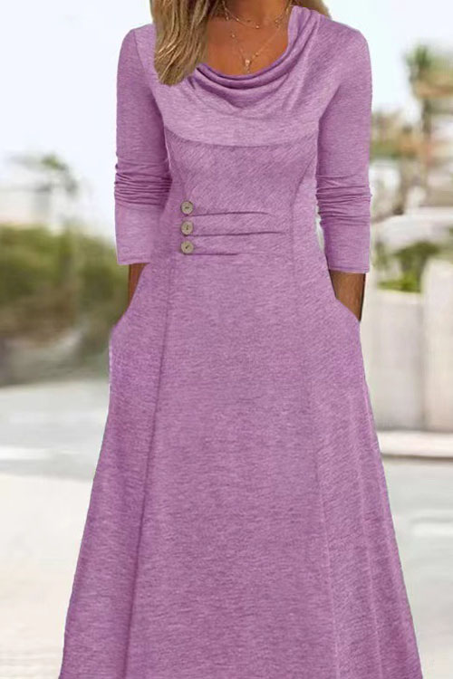 Kathiadress Round neck waist-cinching solid button pockets dress