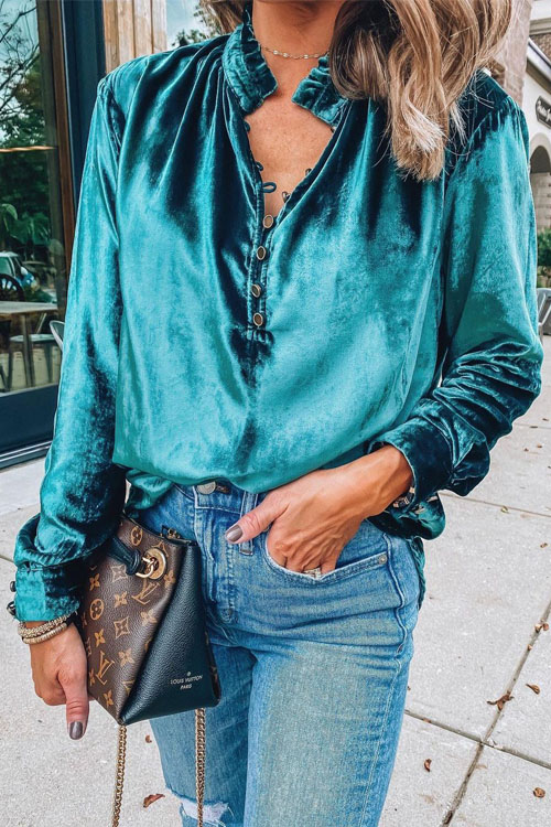 Kathiadress V-neck gold velvet long-sleeved shirt