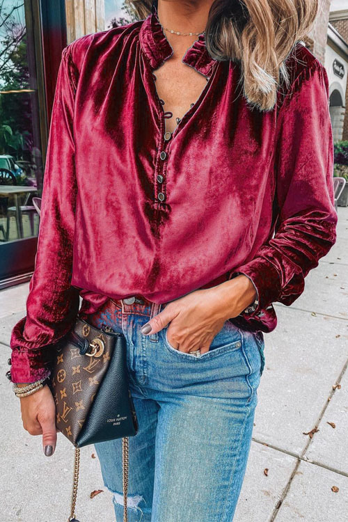 Kathiadress V-neck gold velvet long-sleeved shirt