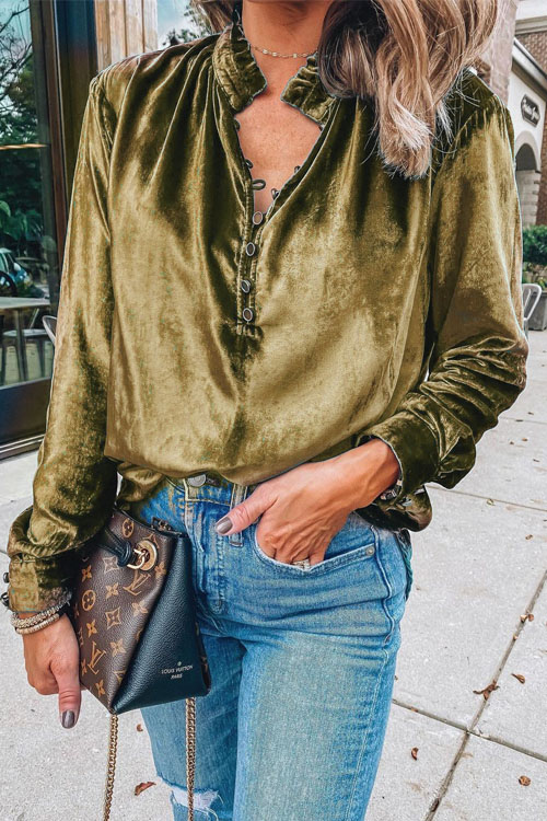 Kathiadress V-neck gold velvet long-sleeved shirt