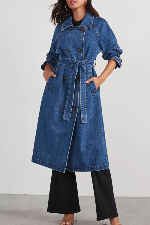 Kathiadress Windbreaker Denim Pocket Long Buttoned Loose Jacket