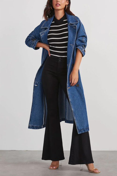 Kathiadress Windbreaker Denim Pocket Long Buttoned Loose Jacket