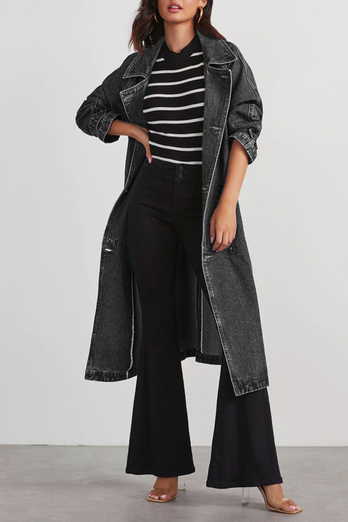 Kathiadress Windbreaker Denim Pocket Long Buttoned Loose Jacket