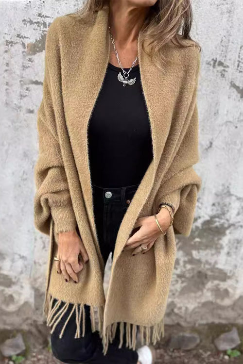 Nonnadress Casual Knitted Plush Fringed Shawl Jacket