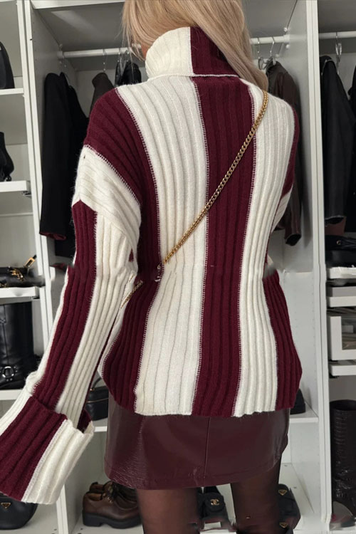 Nonnadress Casual Stylish Slim-fit Turtleneck Striped Pullover Sweater