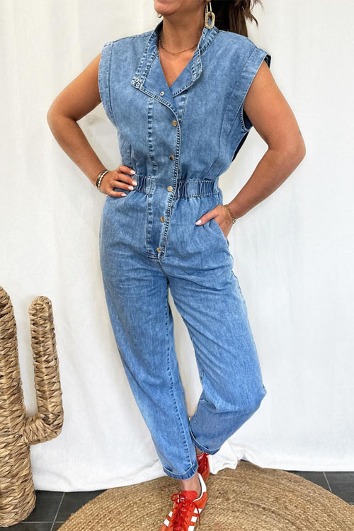 Nonnadress Waist-cinching Utility Pocket Sleeveless Casual Denim Jumpsuit