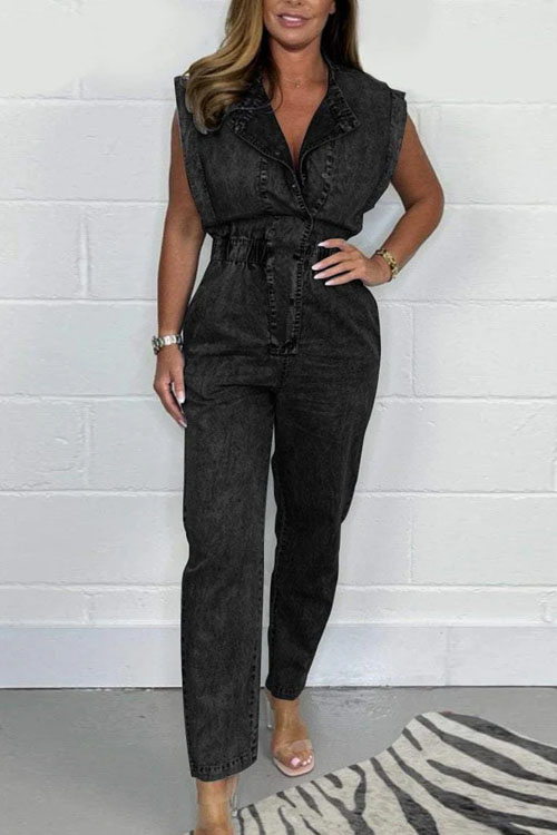 Nonnadress Waist-cinching Utility Pocket Sleeveless Casual Denim Jumpsuit