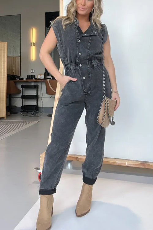 Nonnadress Waist-cinching Utility Pocket Sleeveless Casual Denim Jumpsuit