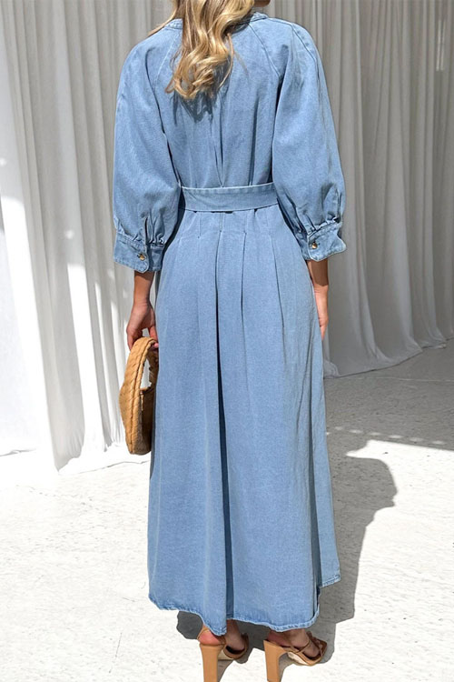 Nonnadress V-neck Tie-waist Button-down Denim Maxi Dress