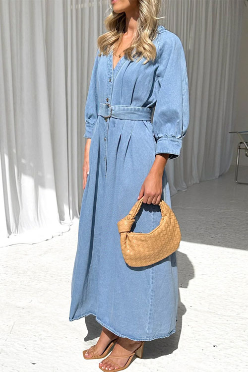 Nonnadress V-neck Tie-waist Button-down Denim Maxi Dress