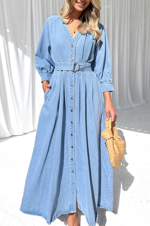 Nonnadress V-neck Tie-waist Button-down Denim Maxi Dress