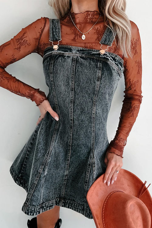 Nonnadress Adjustable Strap Cinched Waist Distressed Denim Dress