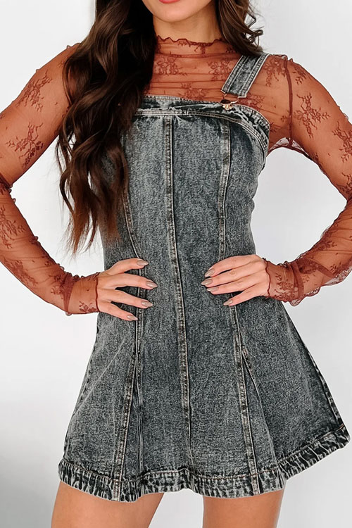 Nonnadress Adjustable Strap Cinched Waist Distressed Denim Dress