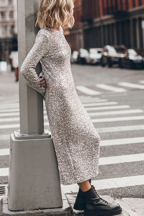 Nonnadress Minimalist Sequin Street-style Long-sleeve Dress