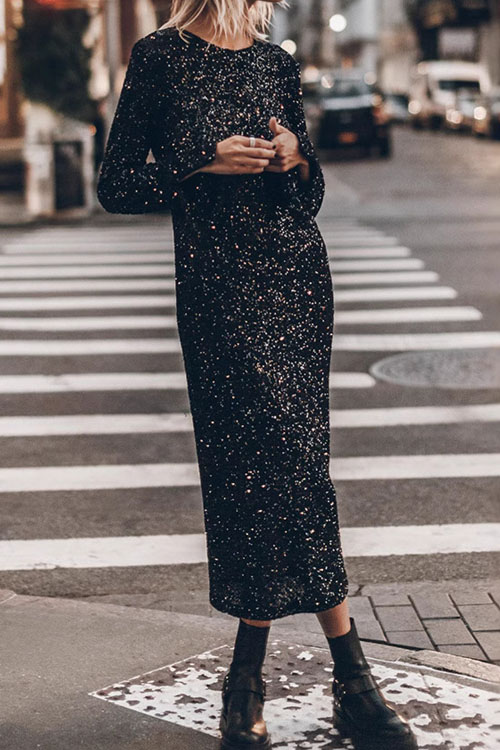 Nonnadress Minimalist Sequin Street-style Long-sleeve Dress