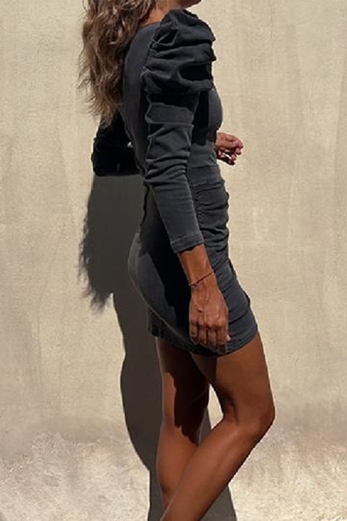 Kathiadress  Distressed puff sleeve casual denim V-neck dress