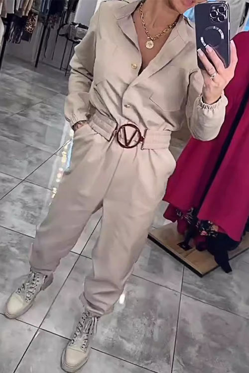 Nonnadress Cinched Waist Long-Sleeve Casual Shirt Jumpsuit